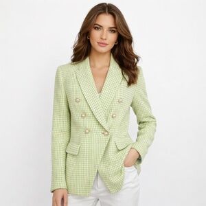 House of Harlow 1960 Women's Lime Green Houndstooth Blazer Pearl Buttons
